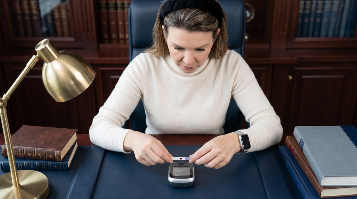 Healthy meal on a wooden table next to a smartphone showing time in range data