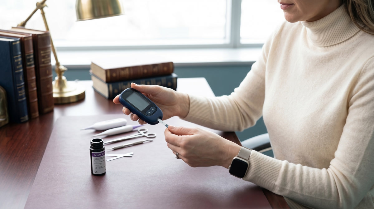 A daily pill organizer next to a healthy breakfast setting, illustrating a morning medication routine.
