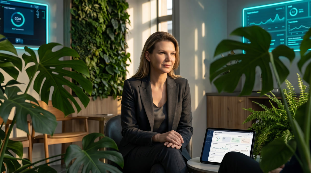 Physician and patient smiling while looking at continuous glucose monitor data on a tablet in a warm office